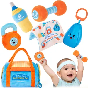 hahaland Baby Toys 6-12 Months - Baby Toys 3-6 Months Montessori Toy for 6 Month Old, Sensory Toy for Babies Workout Weights Dumbbell Toy Set with Soft Rattles Mirror, Babies Girl Boy Gifts
