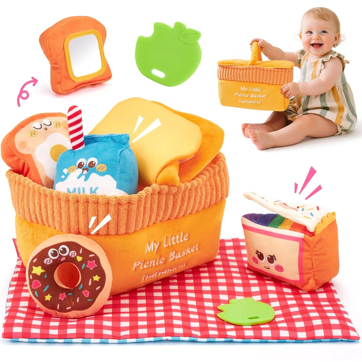 Hahaland Baby Toys 6-12 Months – Picnic Basket Sensory Toy with Crinkle, Rattles, Teether & Mirror, Montessori Play Food Plush for Early Development, Birthday Gifts for 1  Years Boys & Girls