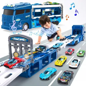 hahaland Toys for 3 Year Old Boy Gift - 2 in 1 Car Carrier Transforms into Race Tracks Toys for Ages 2-4 with Dual Launcher Truck for Kids Ages 3-5 - Car Sets for Boys 2-5 Year Old Boy Birthday Gift