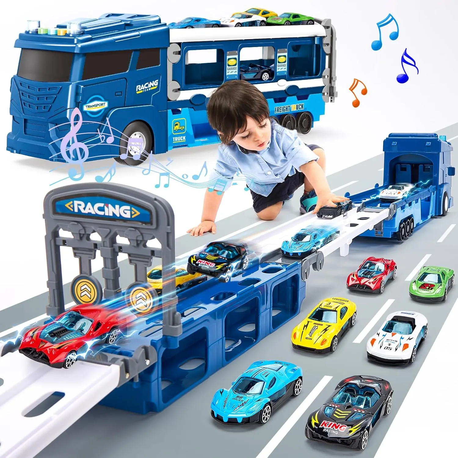hahaland Toys for 3 Year Old Boy Gift - 2 in 1 Car Carrier Transforms into Race Tracks Toys for Ages 2-4 with Dual Launcher Truck for Kids Ages 3-5 - Car Sets for Boys 2-5 Year Old Boy Birthday Gift