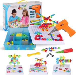 Haifeng STEM Electric Drill Set for Kids Ages 3-8, 193 PCS Construction Building Blocks Kit with DIY Screwdriver & Storage Box, Educational Toy Gift for Boys and Girls, Safe STEM Tool Toy