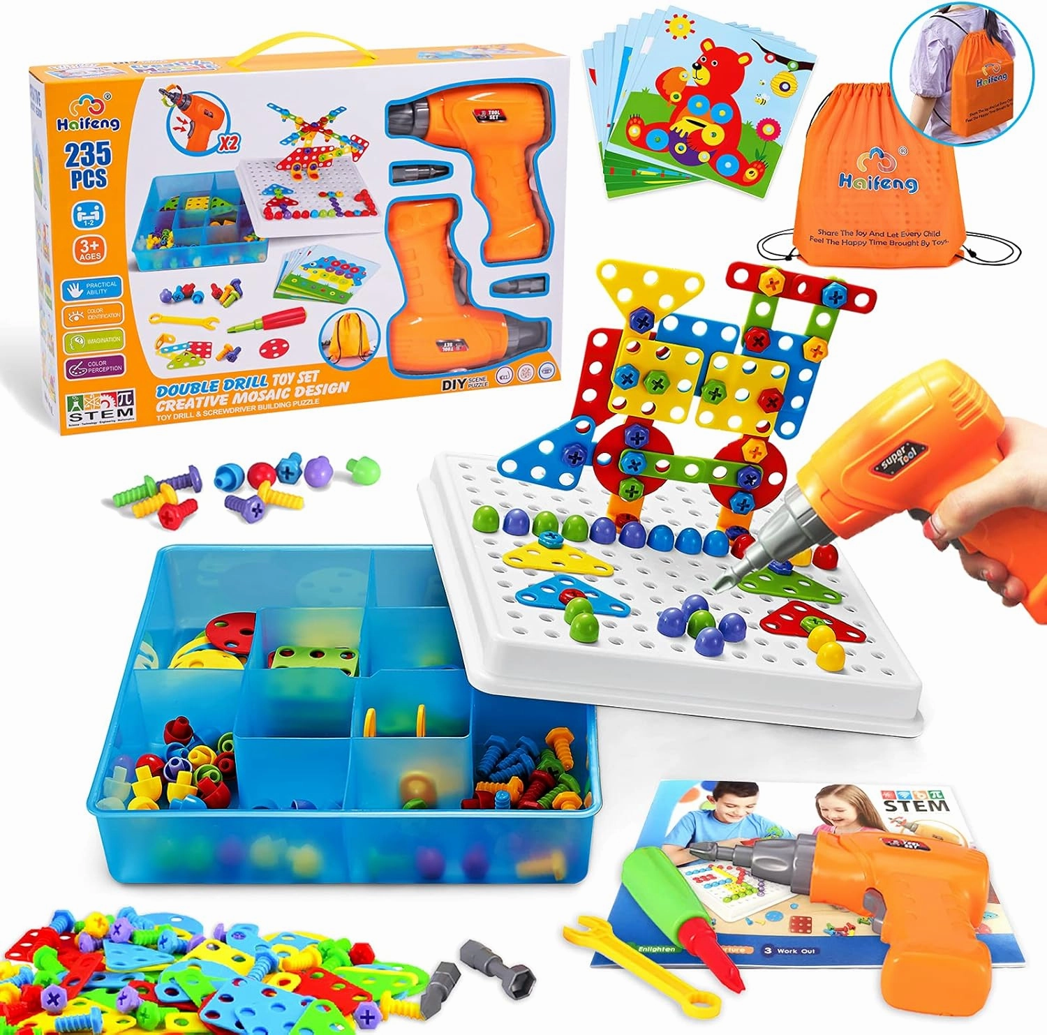 Haifeng 235 PCS Kids Electric Drill STEM Toy Set with Dual Drill Heads, Creative Building Blocks Kit for Boys & Girls Age 3 , Educational Construction Tool Set with Storage Box
