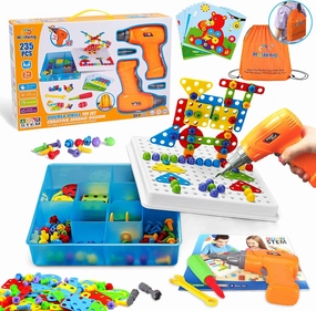 Haifeng 235 PCS Kids Electric Drill STEM Toy Set with Dual Drill Heads, Creative Building Blocks Kit for Boys & Girls Age 3 , Educational Construction Tool Set with Storage Box