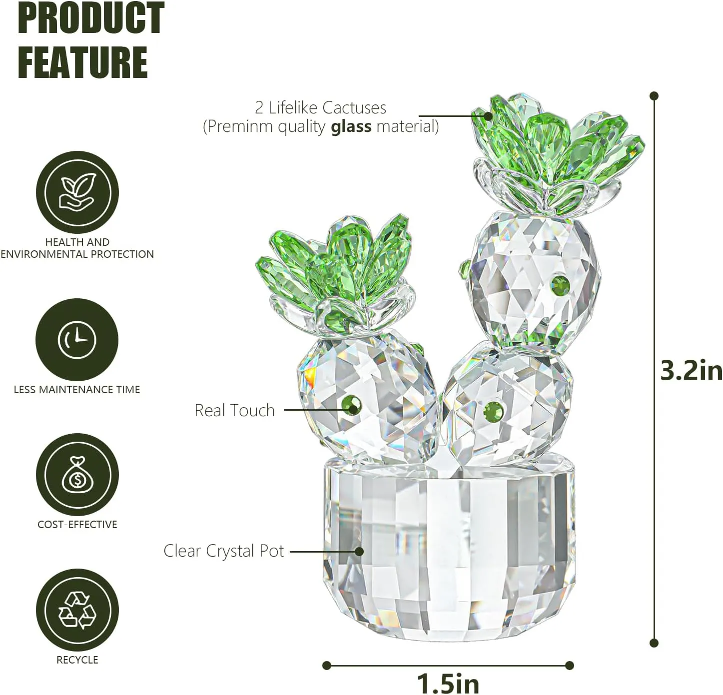 H&D HYALINE & DORA Crystal Cactus Figurine Glass Cactus Figurines Collectibles Crystal Cactus Flower Home Table Decoration