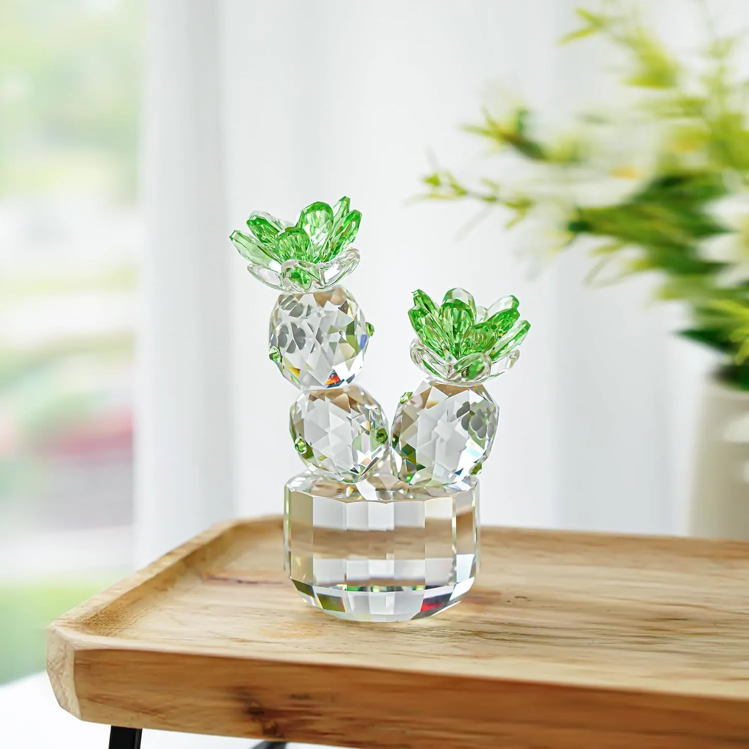 H&D HYALINE & DORA Crystal Cactus Figurine Glass Cactus Figurines Collectibles Crystal Cactus Flower Home Table Decoration
