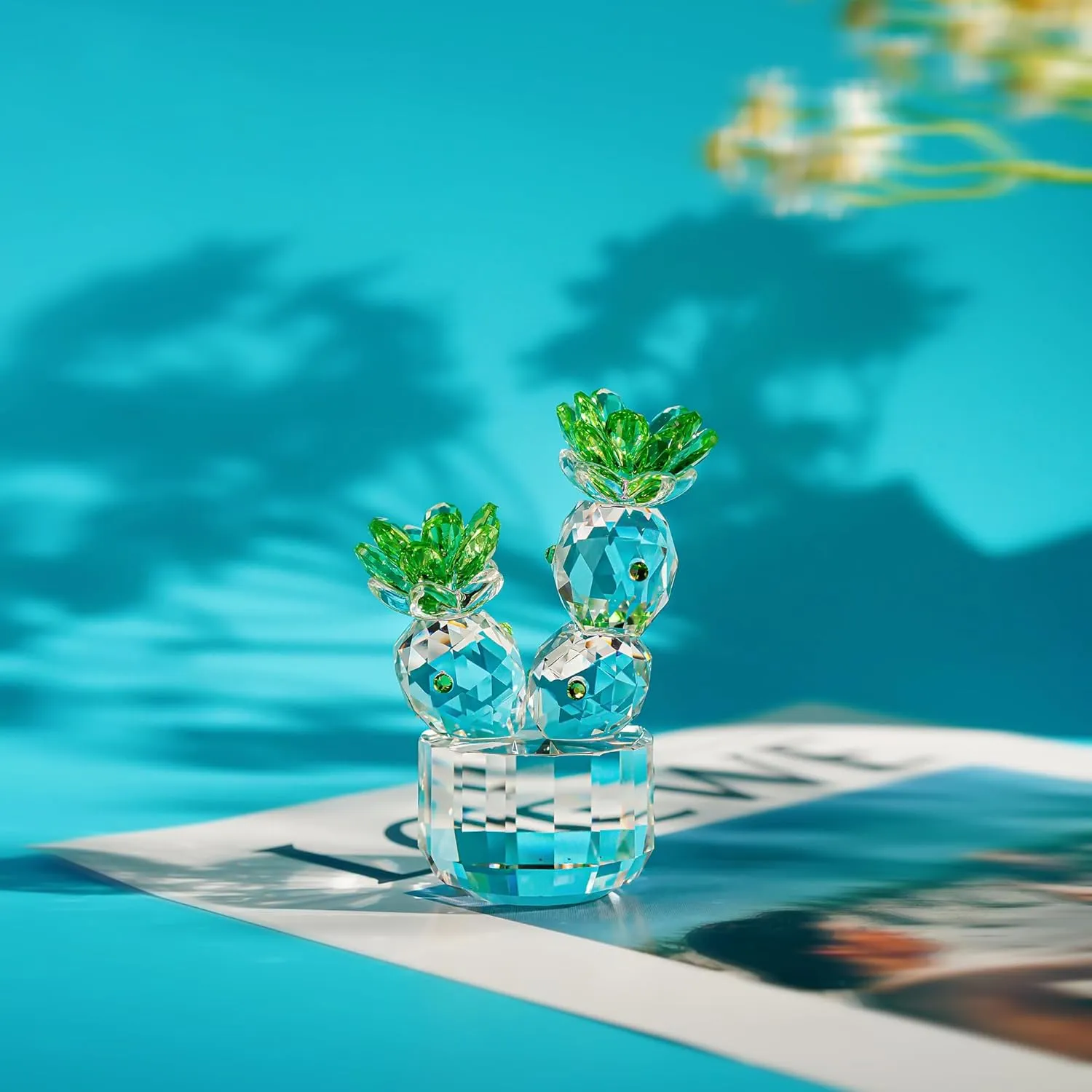 H&D HYALINE & DORA Crystal Cactus Figurine Glass Cactus Figurines Collectibles Crystal Cactus Flower Home Table Decoration