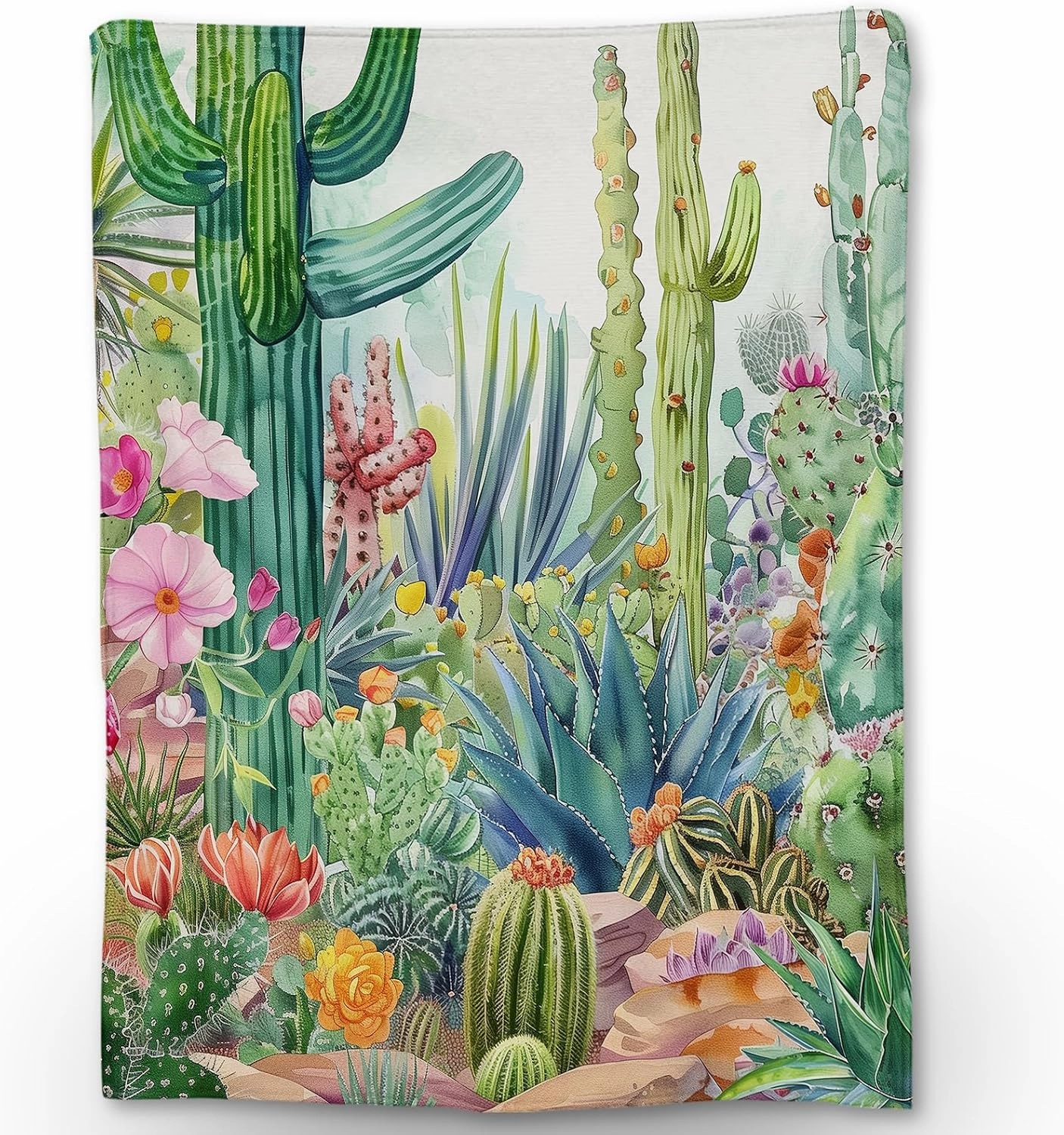 Hand Drawn Cactus Blanket - Soft Cozy Lightweight Flannel Throw Blanket for Couch, Bed, Travel & Outdoor | Warm Fuzzy Blankets for Adults Kids Women Boys Girls 50×60 in