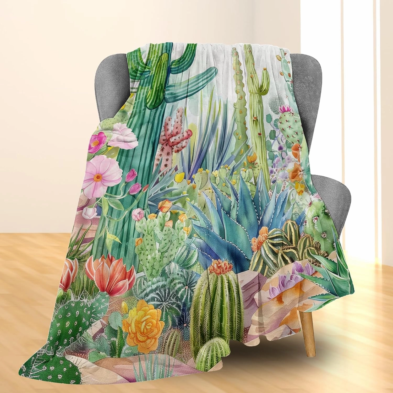 Hand Drawn Cactus Blanket - Soft Cozy Lightweight Flannel Throw Blanket for Couch, Bed, Travel & Outdoor | Warm Fuzzy Blankets for Adults Kids Women Boys Girls 50×60 in