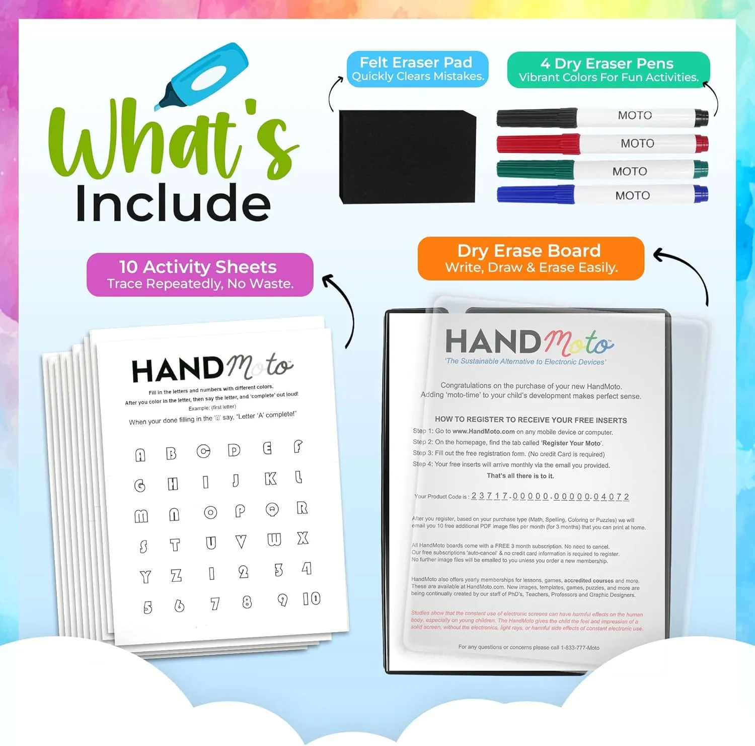 HandMoto Spelling – Preschool Learning Activities & Preschool Books for 3 Year Olds with 10 Spelling Sheets, 4 Markers & 1 Eraser, Kids Activity Book & Kindergarten Workbooks for Early Education