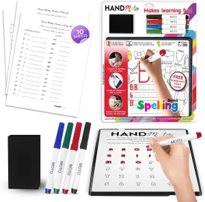 HandMoto Spelling – Preschool Learning Activities & Preschool Books for 3 Year Olds with 10 Spelling Sheets, 4 Markers & 1 Eraser, Kids Activity Book & Kindergarten Workbooks for Early Education