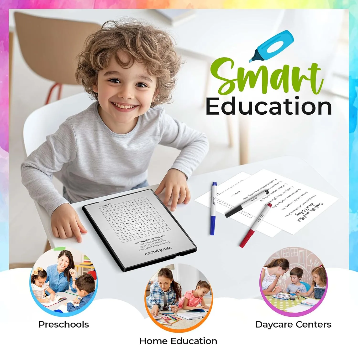 HandMoto Spelling – Preschool Learning Activities & Preschool Books for 3 Year Olds with 10 Spelling Sheets, 4 Markers & 1 Eraser, Kids Activity Book & Kindergarten Workbooks for Early Education