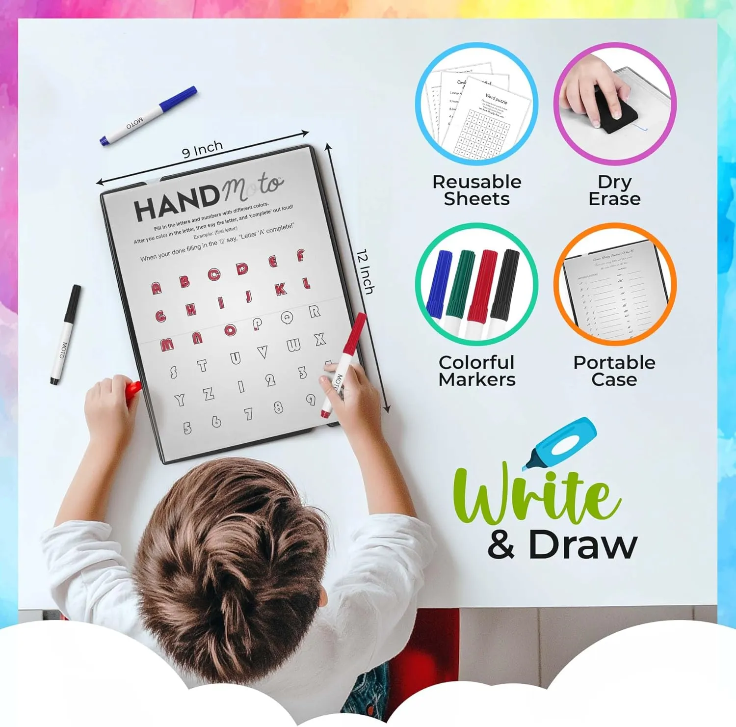 HandMoto Spelling – Preschool Learning Activities & Preschool Books for 3 Year Olds with 10 Spelling Sheets, 4 Markers & 1 Eraser, Kids Activity Book & Kindergarten Workbooks for Early Education