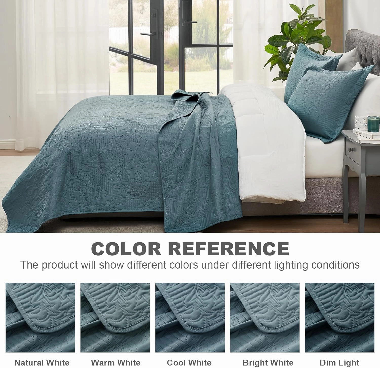 Hansleep Blue Quilt Queen Size - Damask Ultrasonic All Season Bedspread Queen, Soft Lightweight Coverlet Bedding Set, 3 Pieces (1 Quilt, 2 Pillow Shams)