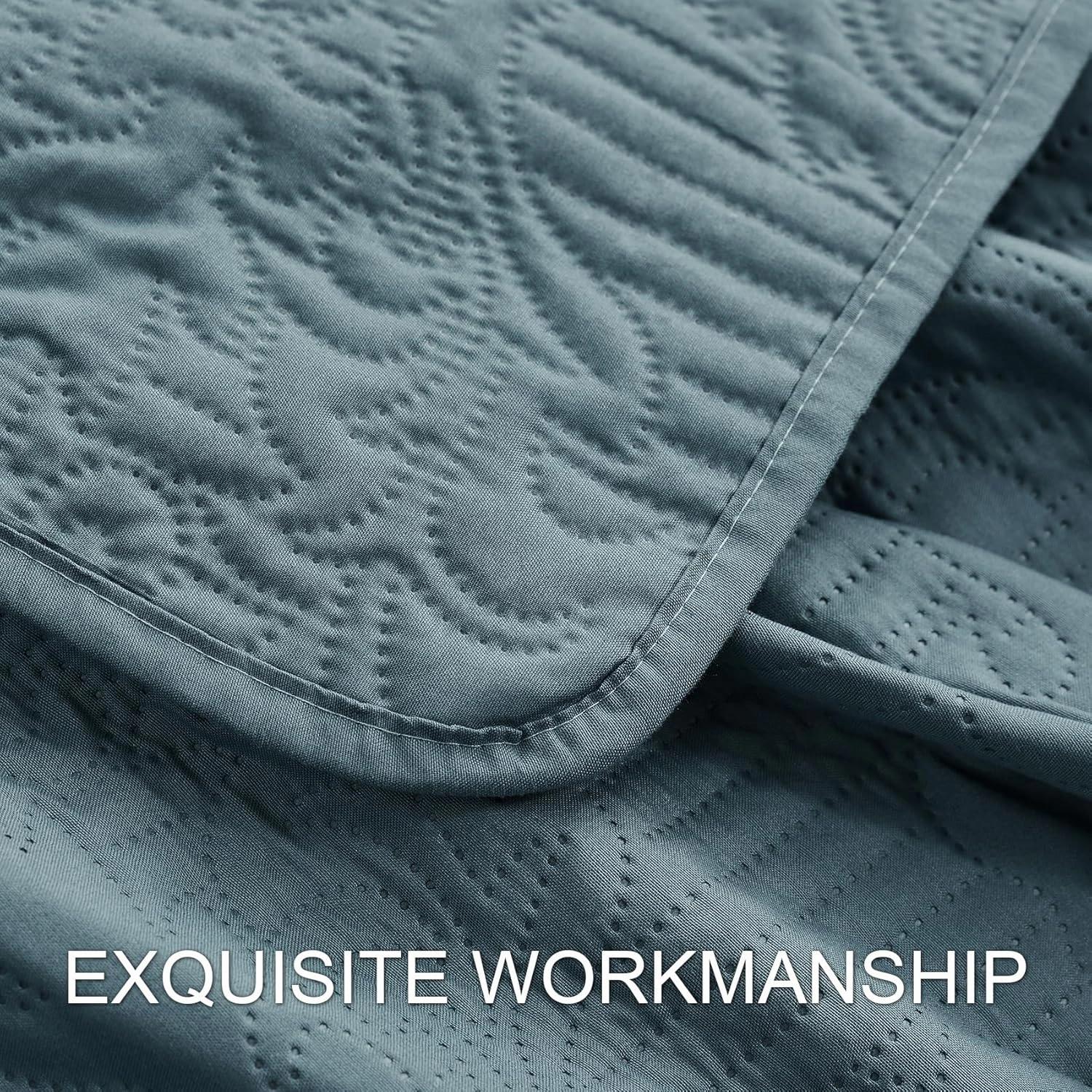 Hansleep Blue Quilt Queen Size - Damask Ultrasonic All Season Bedspread Queen, Soft Lightweight Coverlet Bedding Set, 3 Pieces (1 Quilt, 2 Pillow Shams)