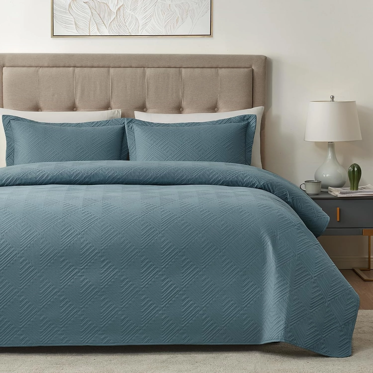 Hansleep Blue Quilt Twin Size - Geometric Ultrasonic All Season Bedspread Twin, Soft Lightweight Coverlet Bedding Set, 2 Pieces (1 Quilt, 1 Pillow Sham)