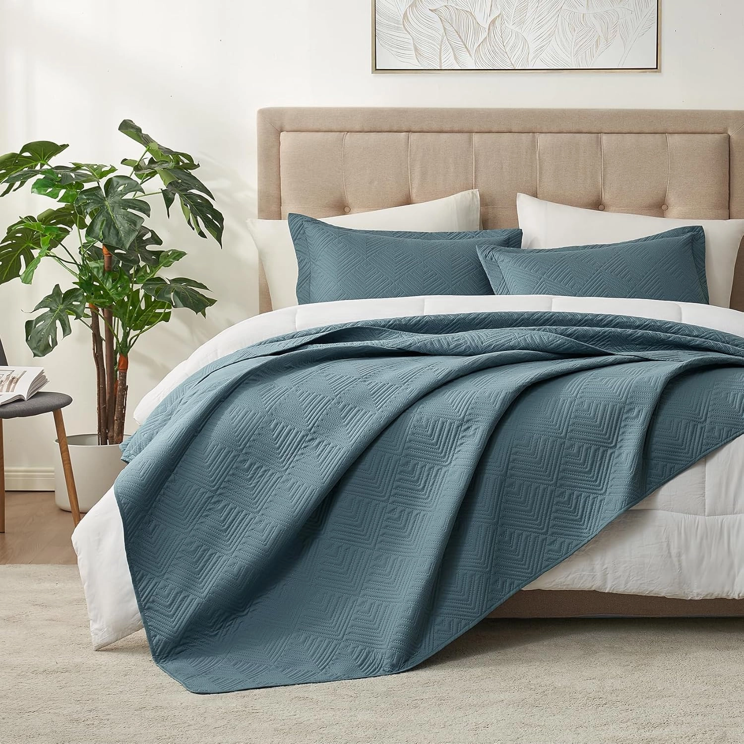 Hansleep Blue Quilt Twin Size - Geometric Ultrasonic All Season Bedspread Twin, Soft Lightweight Coverlet Bedding Set, 2 Pieces (1 Quilt, 1 Pillow Sham)