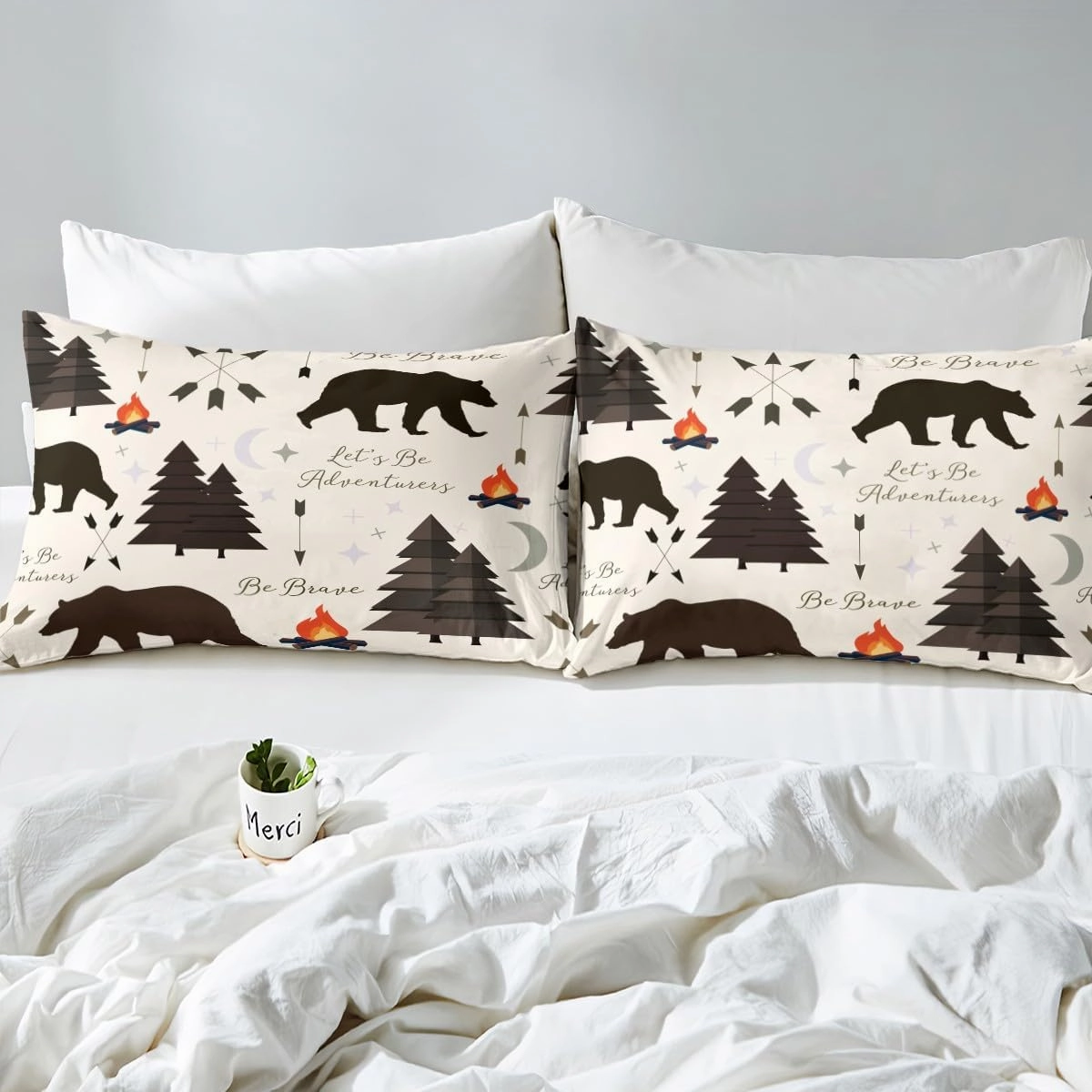 Happy Camping Fitted Sheet Queen Size,Hunt Bear Pine Trees Bedding Set for Kids Boys Girls Cabin Room Decor,Cartoon Campfire Arrow Stars Moon Bed Sheets Adventure Deep Pocket Sheet Brown 3Pcs