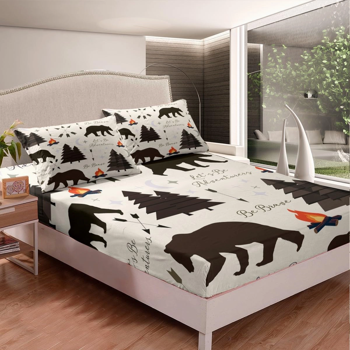 Happy Camping Fitted Sheet Queen Size,Hunt Bear Pine Trees Bedding Set for Kids Boys Girls Cabin Room Decor,Cartoon Campfire Arrow Stars Moon Bed Sheets Adventure Deep Pocket Sheet Brown 3Pcs