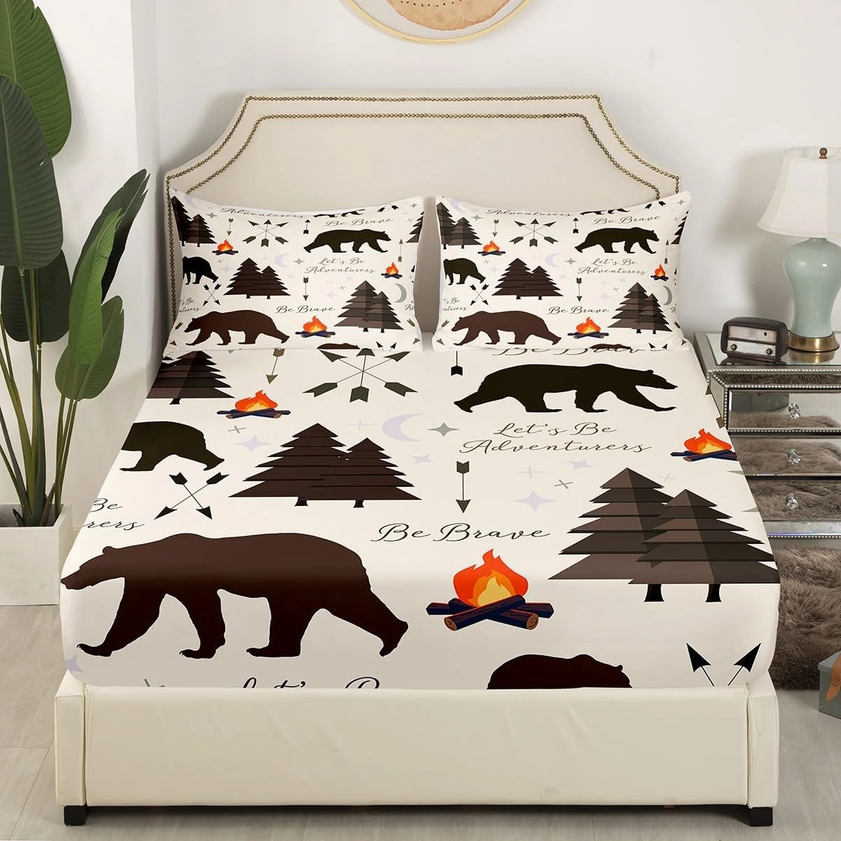 Happy Camping Fitted Sheet Queen Size,Hunt Bear Pine Trees Bedding Set for Kids Boys Girls Cabin Room Decor,Cartoon Campfire Arrow Stars Moon Bed Sheets Adventure Deep Pocket Sheet Brown 3Pcs