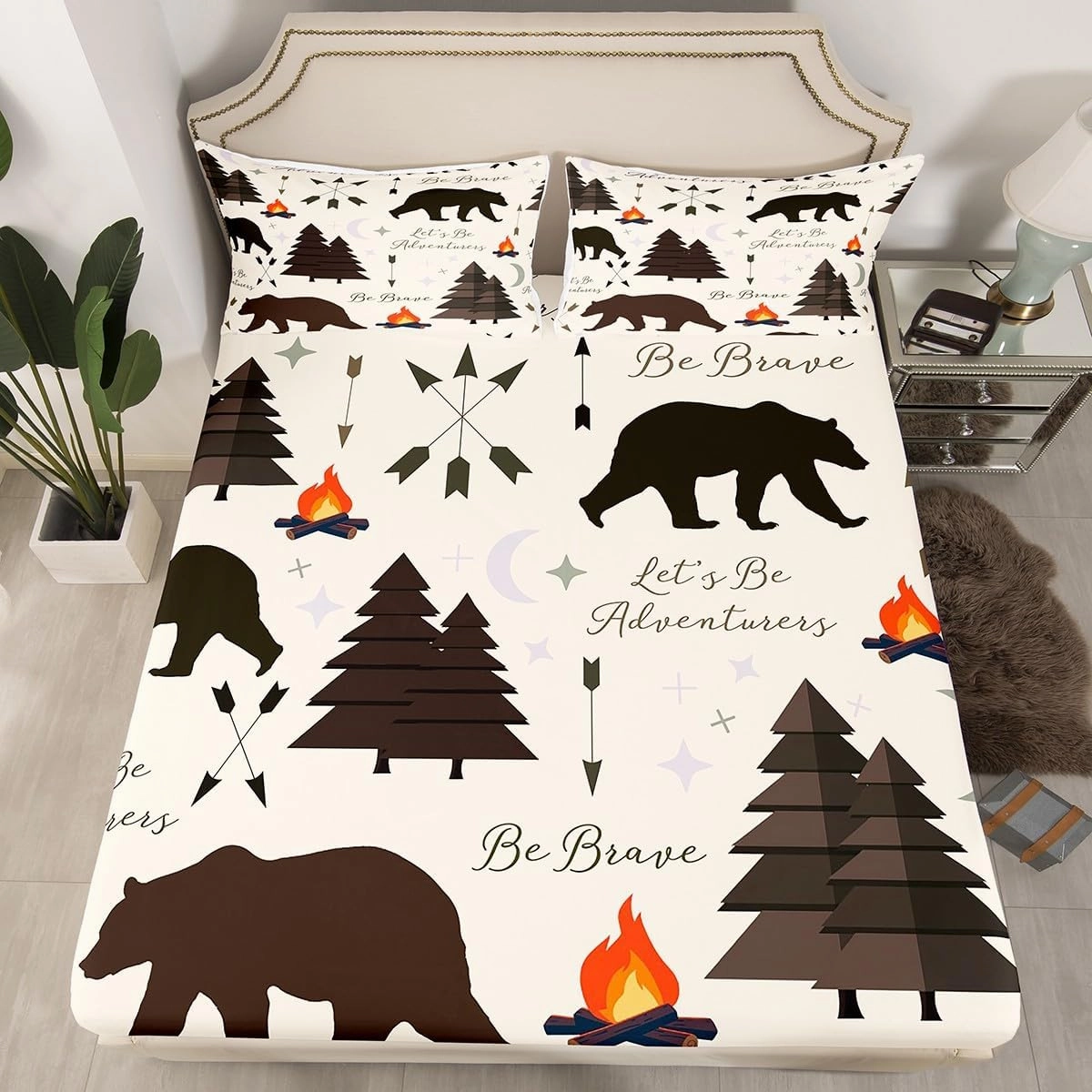 Happy Camping Fitted Sheet Queen Size,Hunt Bear Pine Trees Bedding Set for Kids Boys Girls Cabin Room Decor,Cartoon Campfire Arrow Stars Moon Bed Sheets Adventure Deep Pocket Sheet Brown 3Pcs
