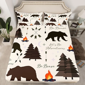 Happy Camping Fitted Sheet Queen Size,Hunt Bear Pine Trees Bedding Set for Kids Boys Girls Cabin Room Decor,Cartoon Campfire Arrow Stars Moon Bed Sheets Adventure Deep Pocket Sheet Brown 3Pcs