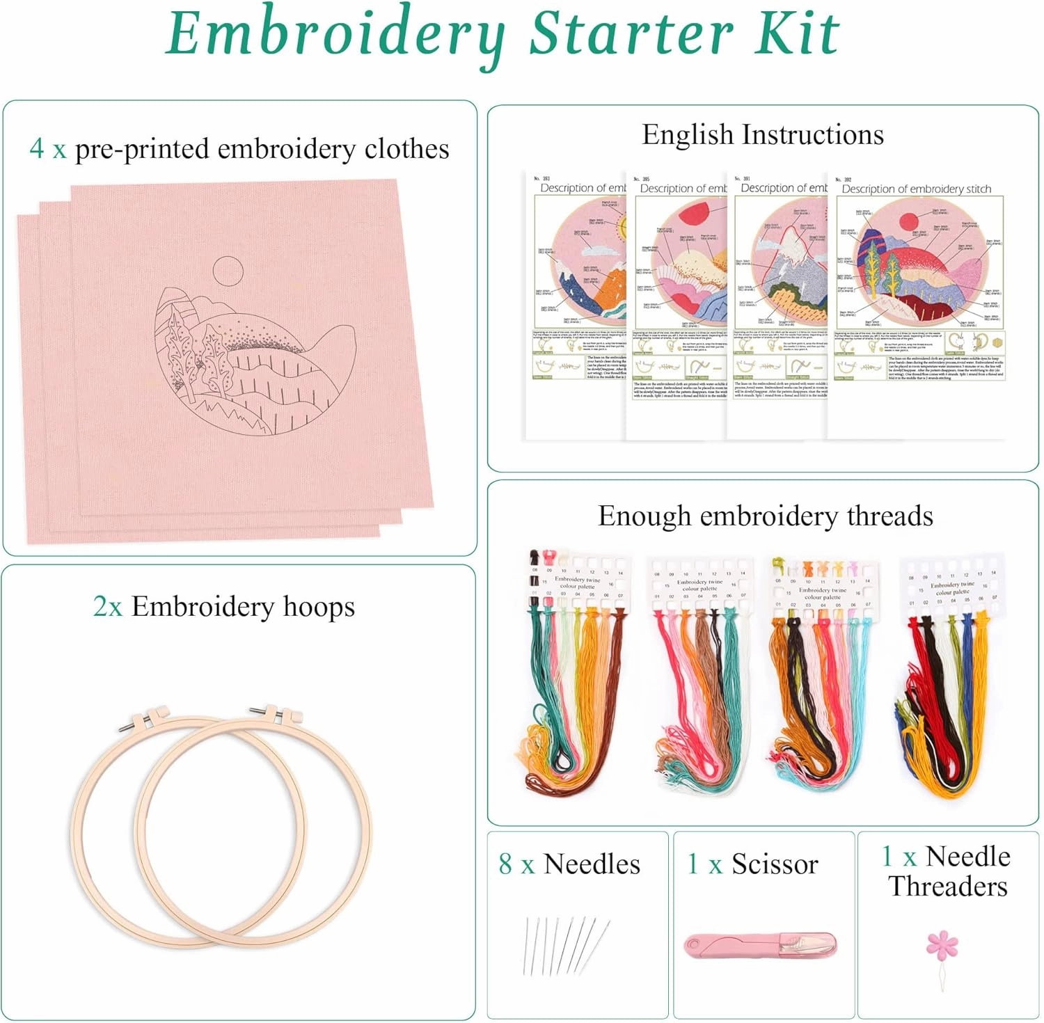 Harimau 4Pcs Beginner Embroidery Kit,Natural Landscape Pattern,Cross Stitch Kits, Including Stamped Embroidery Cloth with 2 Embroidery Hoops, Multicolor Color Threads for Embroidery Kits