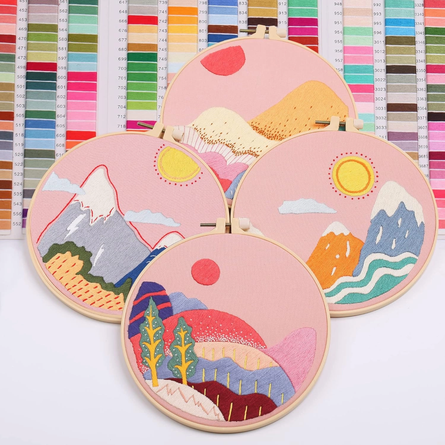 Harimau 4Pcs Beginner Embroidery Kit,Natural Landscape Pattern,Cross Stitch Kits, Including Stamped Embroidery Cloth with 2 Embroidery Hoops, Multicolor Color Threads for Embroidery Kits