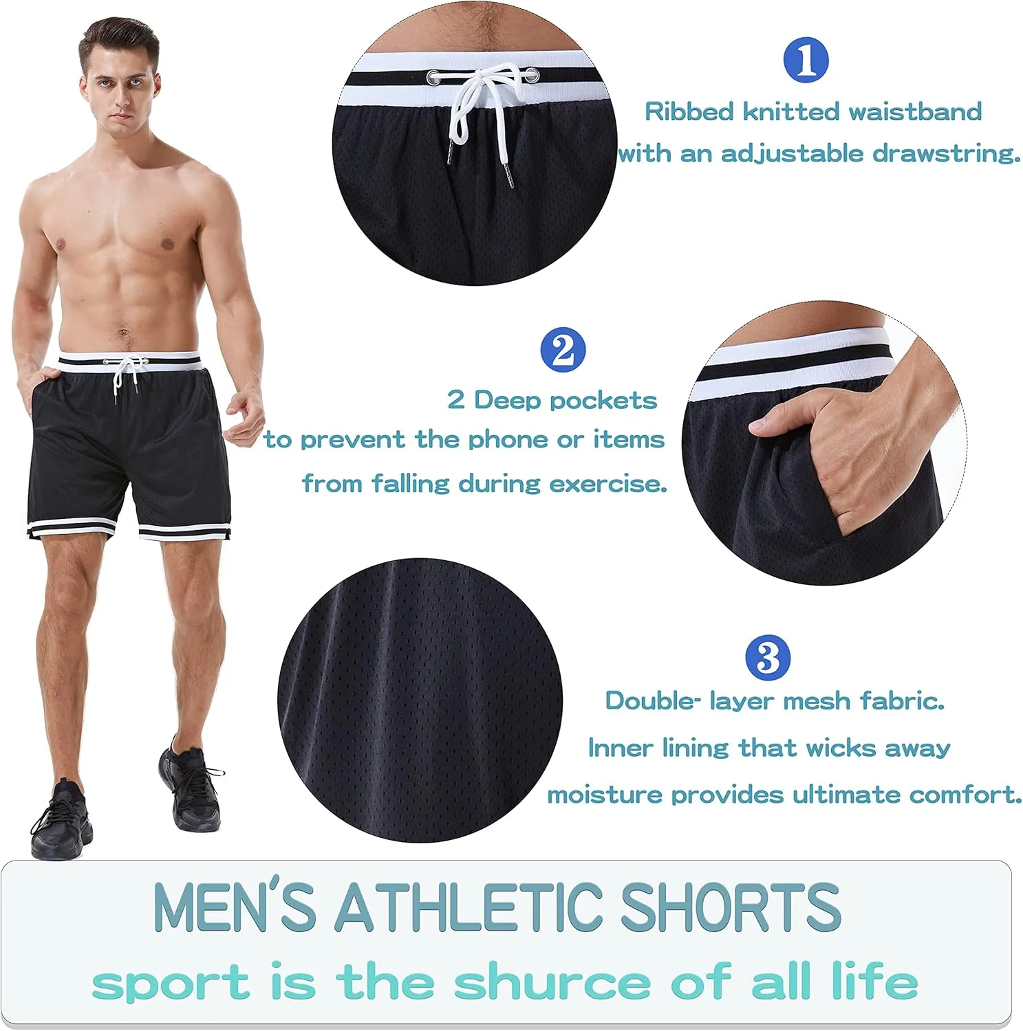 HEALONG Basketball Athletic Shorts Men - Mesh Gym Sports Workout Training Drawstring Retro Casual Fashion Short with Pockets