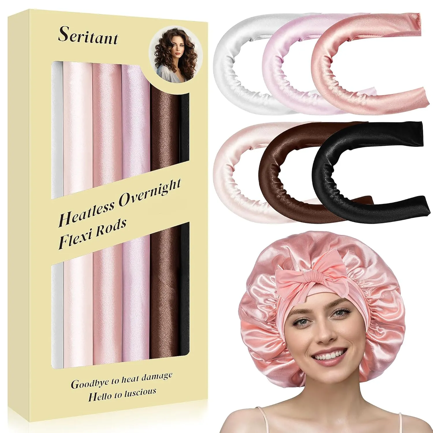 Heatless Curls Overnight Rods - 6 Pcs No-Heat Blowout Hair Curler Set, Hair Rollers for Long Hair with Bonnet for Sleeping