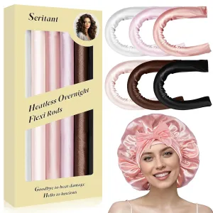 Heatless Curls Overnight Rods - 6 Pcs No-Heat Blowout Hair Curler Set, Hair Rollers for Long Hair with Bonnet for Sleeping