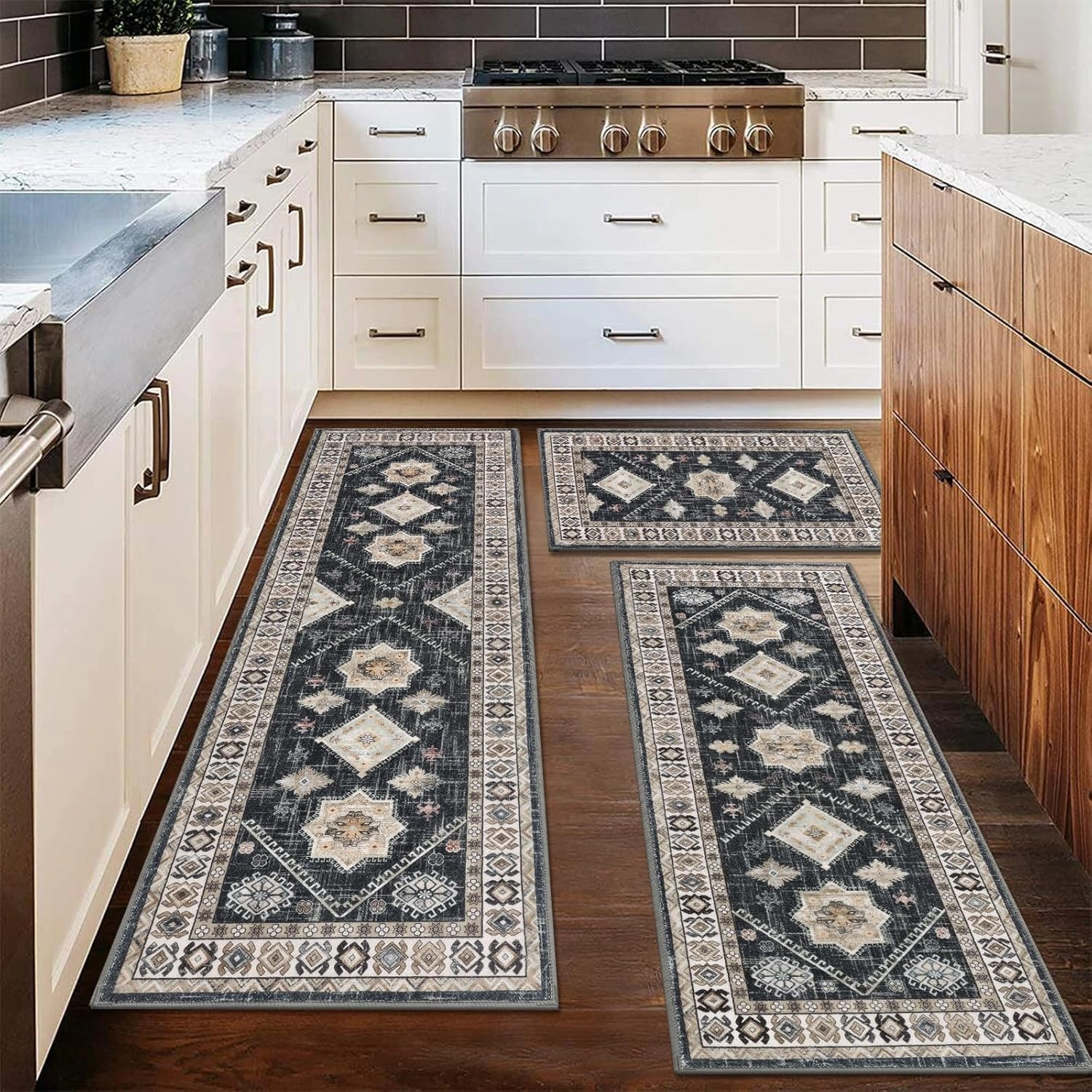 HEBE Boho Kitchen Rug Sets 3 Piece with Runner Non Slip Kitchen Rugs and Mats Washable Kitchen Mats for Floor Thick Kitchen Floor Mat Carpet Runner Rugs for Hallway Laundry Holiday Decor