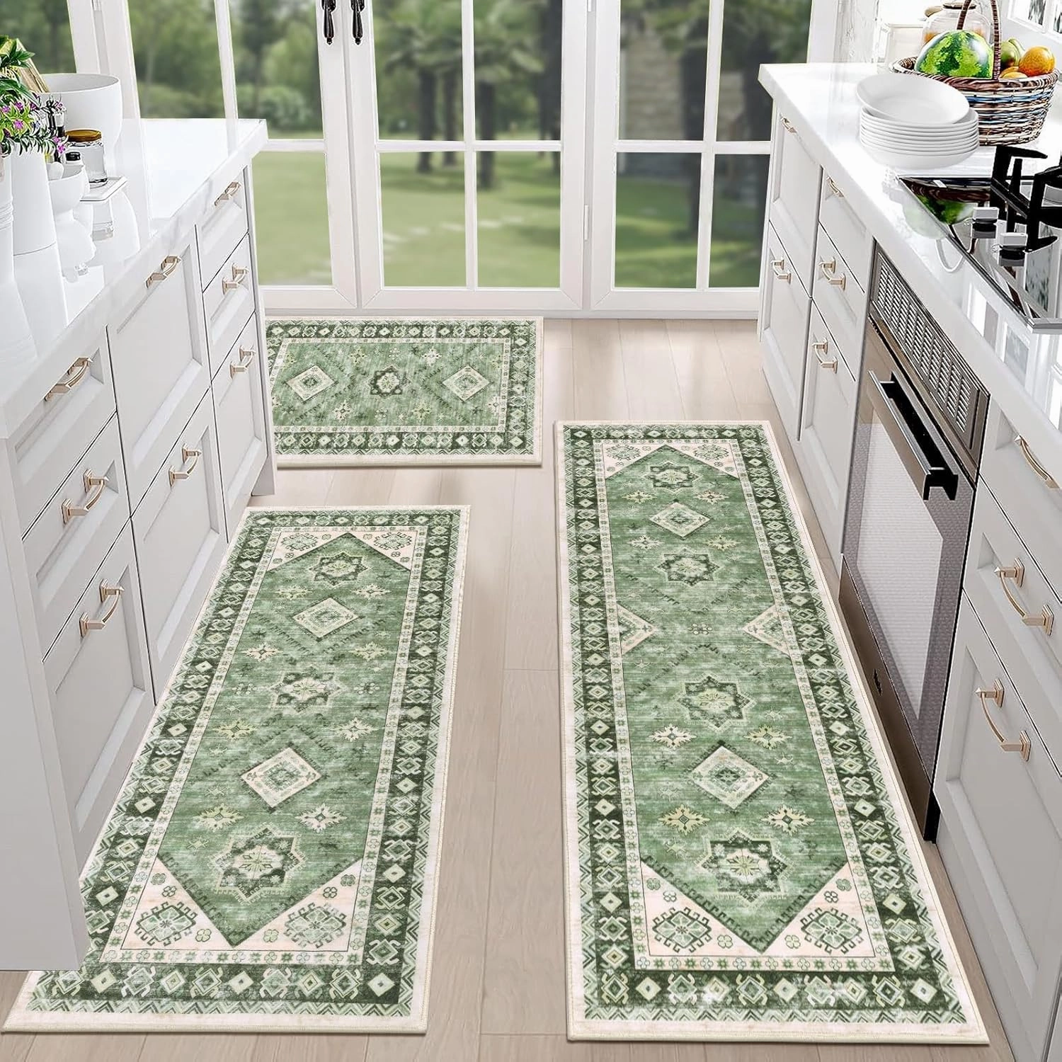 HEBE Boho Kitchen Rug Sets 3 Piece with Runner Non Slip Kitchen Rugs and Mats Washable Kitchen Mats for Floor Thick Kitchen Floor Mat Carpet Runner Rugs for Hallway Laundry Holiday Decor