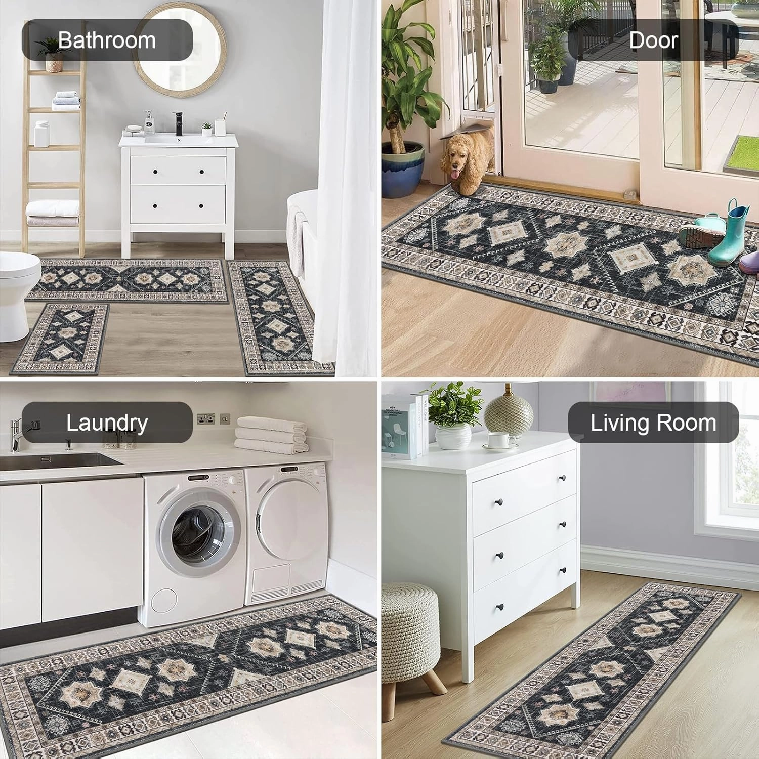 HEBE Boho Kitchen Rug Sets 3 Piece with Runner Non Slip Kitchen Rugs and Mats Washable Kitchen Mats for Floor Thick Kitchen Floor Mat Carpet Runner Rugs for Hallway Laundry Holiday Decor