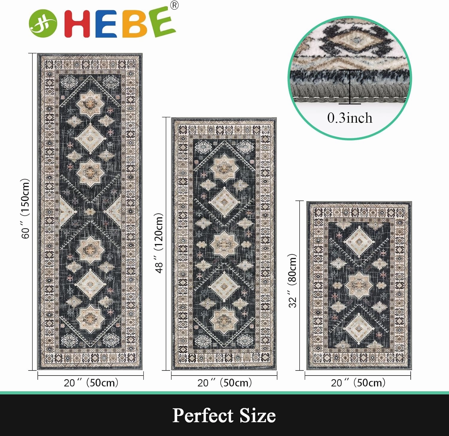 HEBE Boho Kitchen Rug Sets 3 Piece with Runner Non Slip Kitchen Rugs and Mats Washable Kitchen Mats for Floor Thick Kitchen Floor Mat Carpet Runner Rugs for Hallway Laundry Holiday Decor