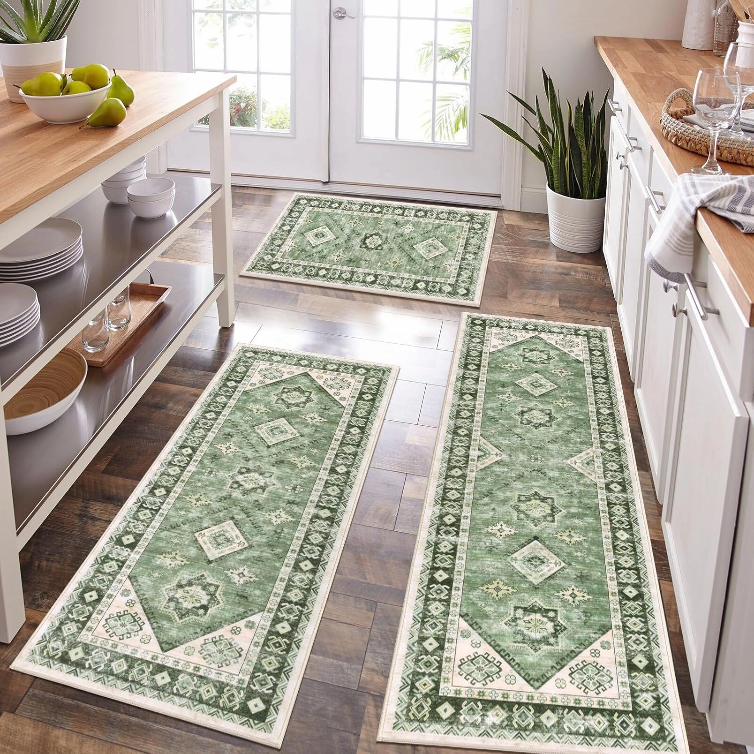 HEBE Boho Kitchen Rug Sets 3 Piece with Runner Non Slip Kitchen Rugs and Mats Washable Kitchen Mats for Floor Thick Kitchen Floor Mat Carpet Runner Rugs for Hallway Laundry Holiday Decor