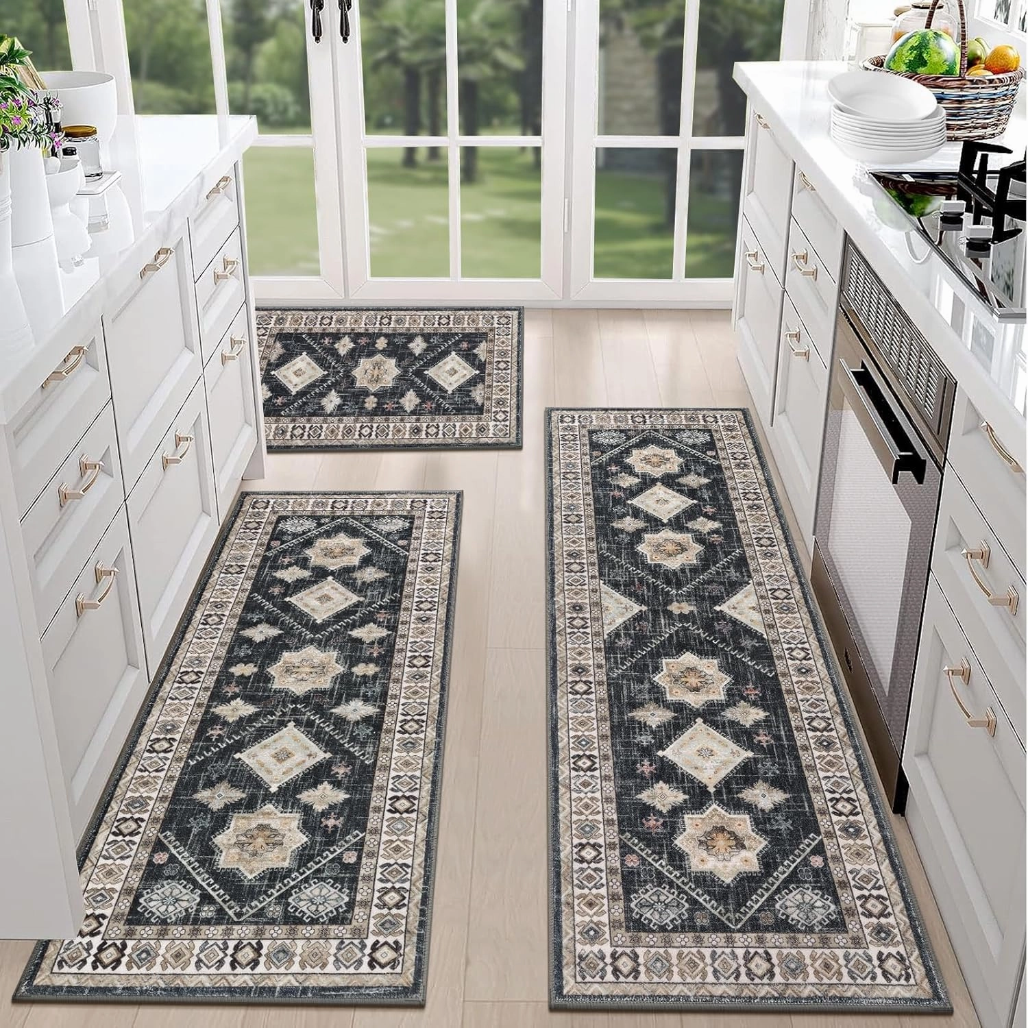 HEBE Boho Kitchen Rug Sets 3 Piece with Runner Non Slip Kitchen Rugs and Mats Washable Kitchen Mats for Floor Thick Kitchen Floor Mat Carpet Runner Rugs for Hallway Laundry Holiday Decor