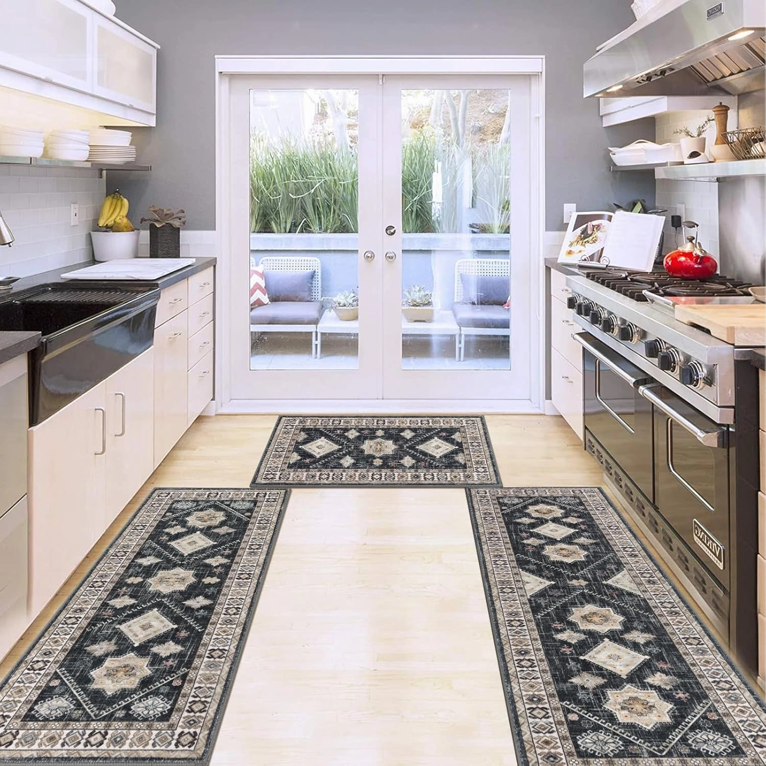 HEBE Boho Kitchen Rug Sets 3 Piece with Runner Non Slip Kitchen Rugs and Mats Washable Kitchen Mats for Floor Thick Kitchen Floor Mat Carpet Runner Rugs for Hallway Laundry Holiday Decor