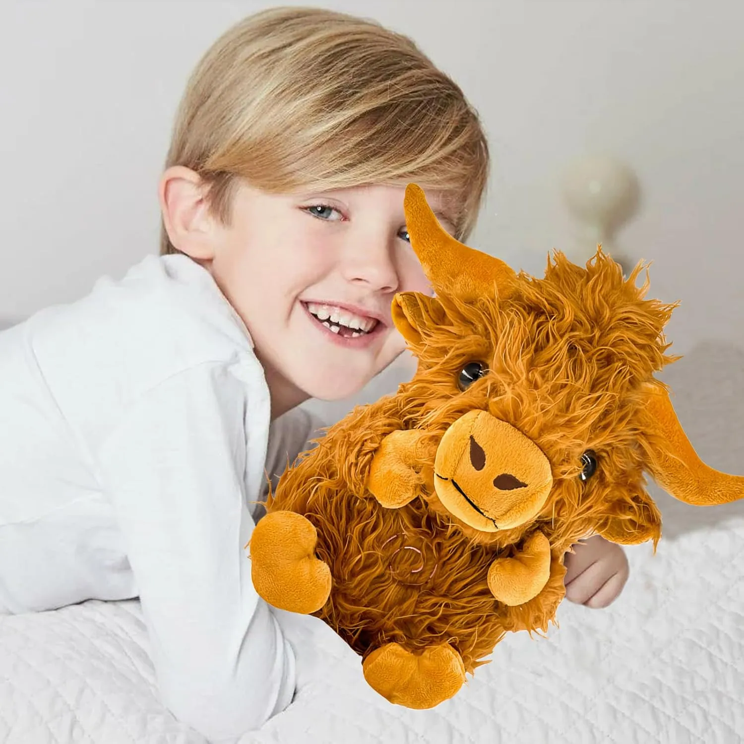 Highland Cow Soothing Breathing Stuffed Animal for Anxiety Adults and Kids, Sleeping Cow Plush Toy, Anxiety Stuffed Animal with Realistic Breathing Action and Lighted Music, Birthday Easter Gifts