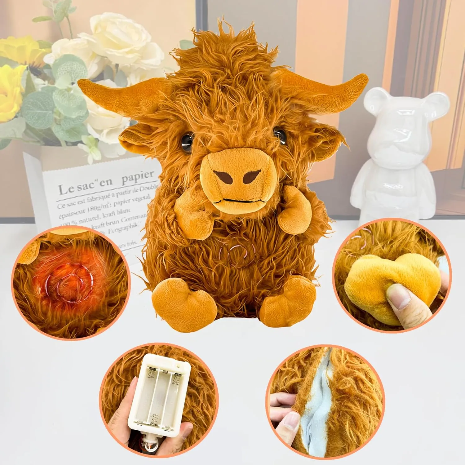 Highland Cow Soothing Breathing Stuffed Animal for Anxiety Adults and Kids, Sleeping Cow Plush Toy, Anxiety Stuffed Animal with Realistic Breathing Action and Lighted Music, Birthday Easter Gifts
