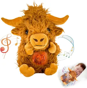 Highland Cow Soothing Breathing Stuffed Animal for Anxiety Adults and Kids, Sleeping Cow Plush Toy, Anxiety Stuffed Animal with Realistic Breathing Action and Lighted Music, Birthday Easter Gifts
