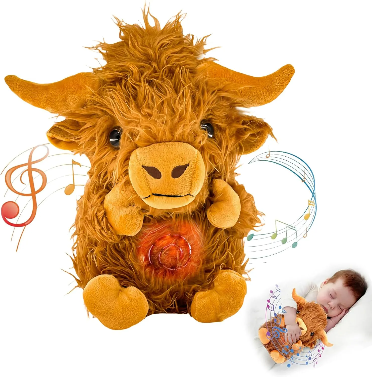 Highland Cow Soothing Breathing Stuffed Animal for Anxiety Adults and Kids, Sleeping Cow Plush Toy, Anxiety Stuffed Animal with Realistic Breathing Action and Lighted Music, Birthday Easter Gifts