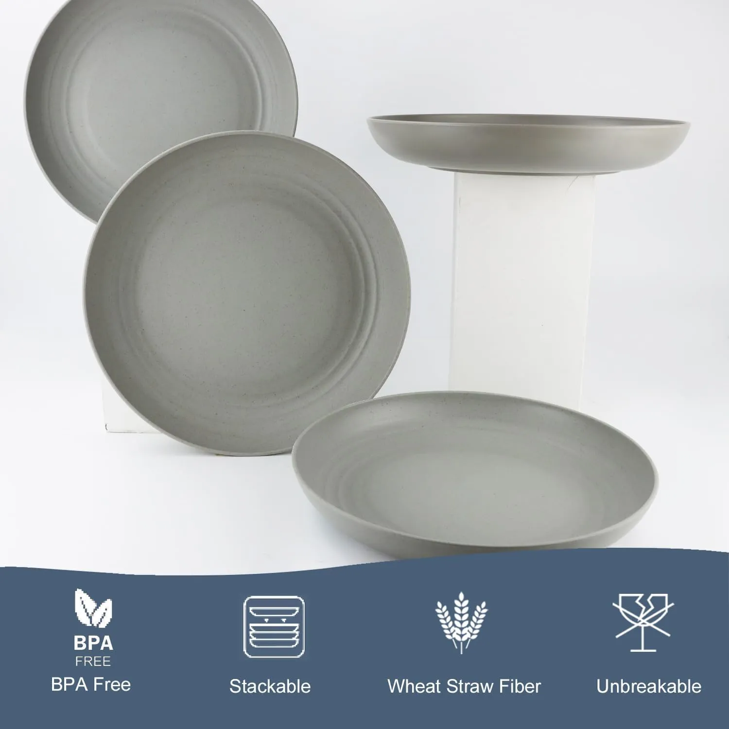 Homienly Deep Dinnerware Set of 12 - Alternative to Plastic, Microwave & Dishwasher Safe Wheat Straw Plates for Kitchen - Unbreakable Kids Plates (Grey, 10 inch)