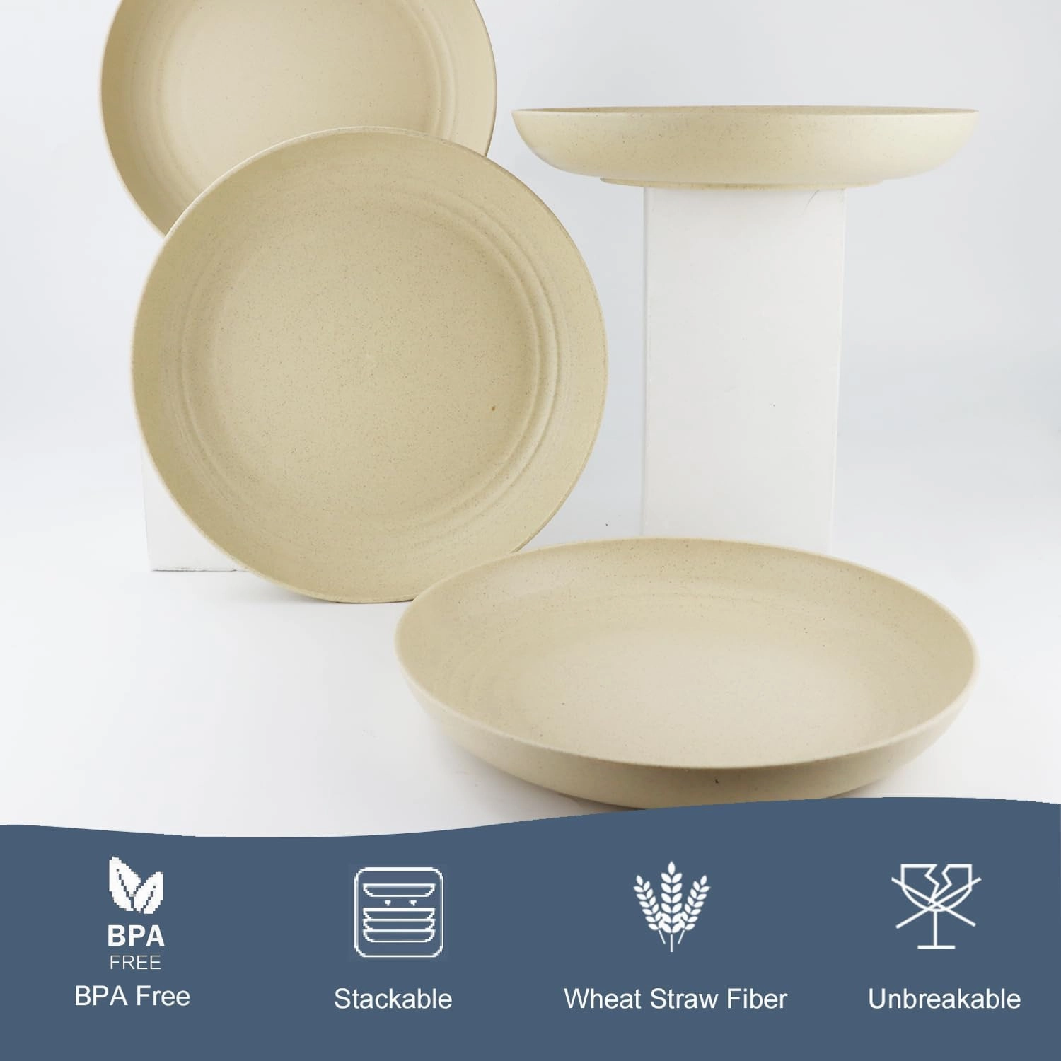 Homienly Deep Dinner Set of 12 - Alternative for Plastic, Microwave and Dishwasher Safe Wheat Straw Plates for Kitchen, Unbreakable Kids (Beige, 10 Inch)