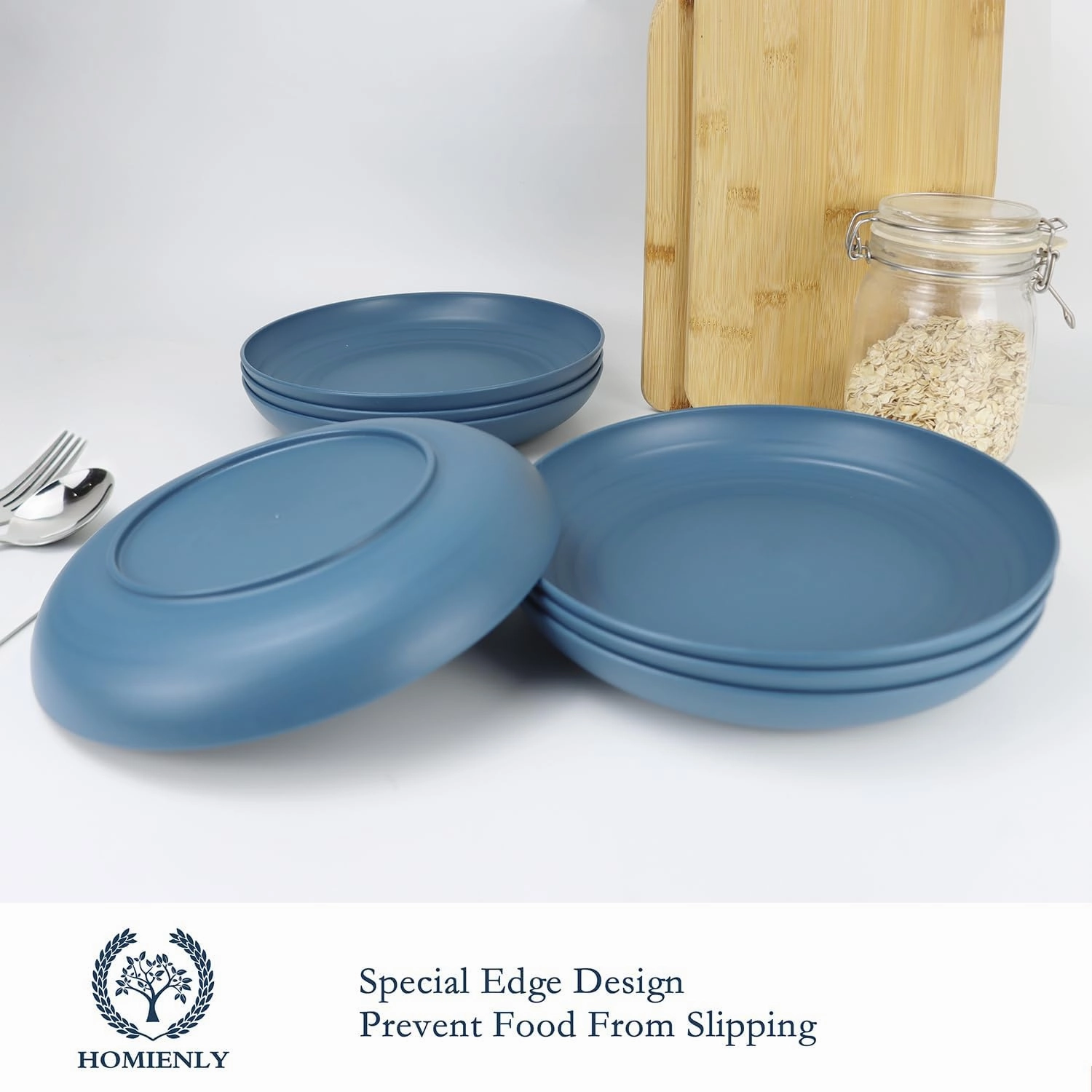 Homienly Deep Dinner Set of 12 - Alternative for Plastic, Microwave and Dishwasher Safe Wheat Straw Plates for Kitchen, Unbreakable Kids (Blue, 10 Inch)