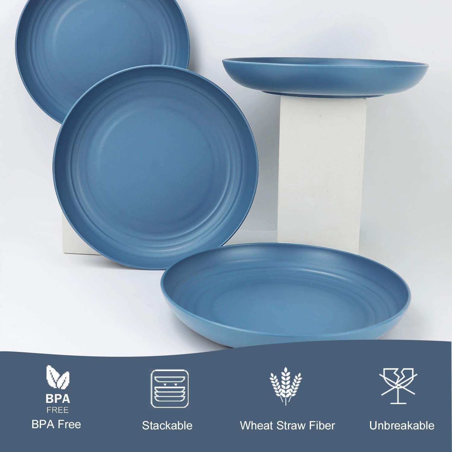 Homienly Deep Dinner Set of 12 - Alternative for Plastic, Microwave and Dishwasher Safe Wheat Straw Plates for Kitchen, Unbreakable Kids (Blue, 10 Inch)