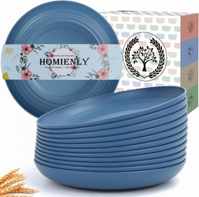 Homienly Deep Dinner Set of 12 - Alternative for Plastic, Microwave and Dishwasher Safe Wheat Straw Plates for Kitchen, Unbreakable Kids (Blue, 10 Inch)