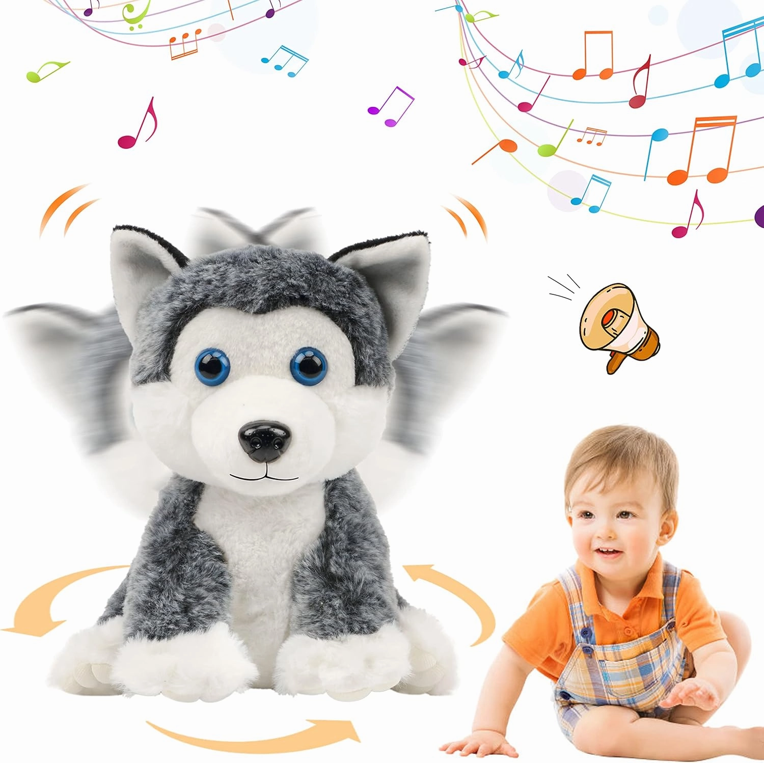 Hopearl Talking Plush Husky Singing Headbanging Dog Toys for Kids Repeat What You Say, Dancing Circle Interactive Animated Toy Gifts for Toddlers, Gray, 10''