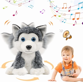 Hopearl Talking Plush Husky Singing Headbanging Dog Toys for Kids Repeat What You Say, Dancing Circle Interactive Animated Toy Gifts for Toddlers, Gray, 10''