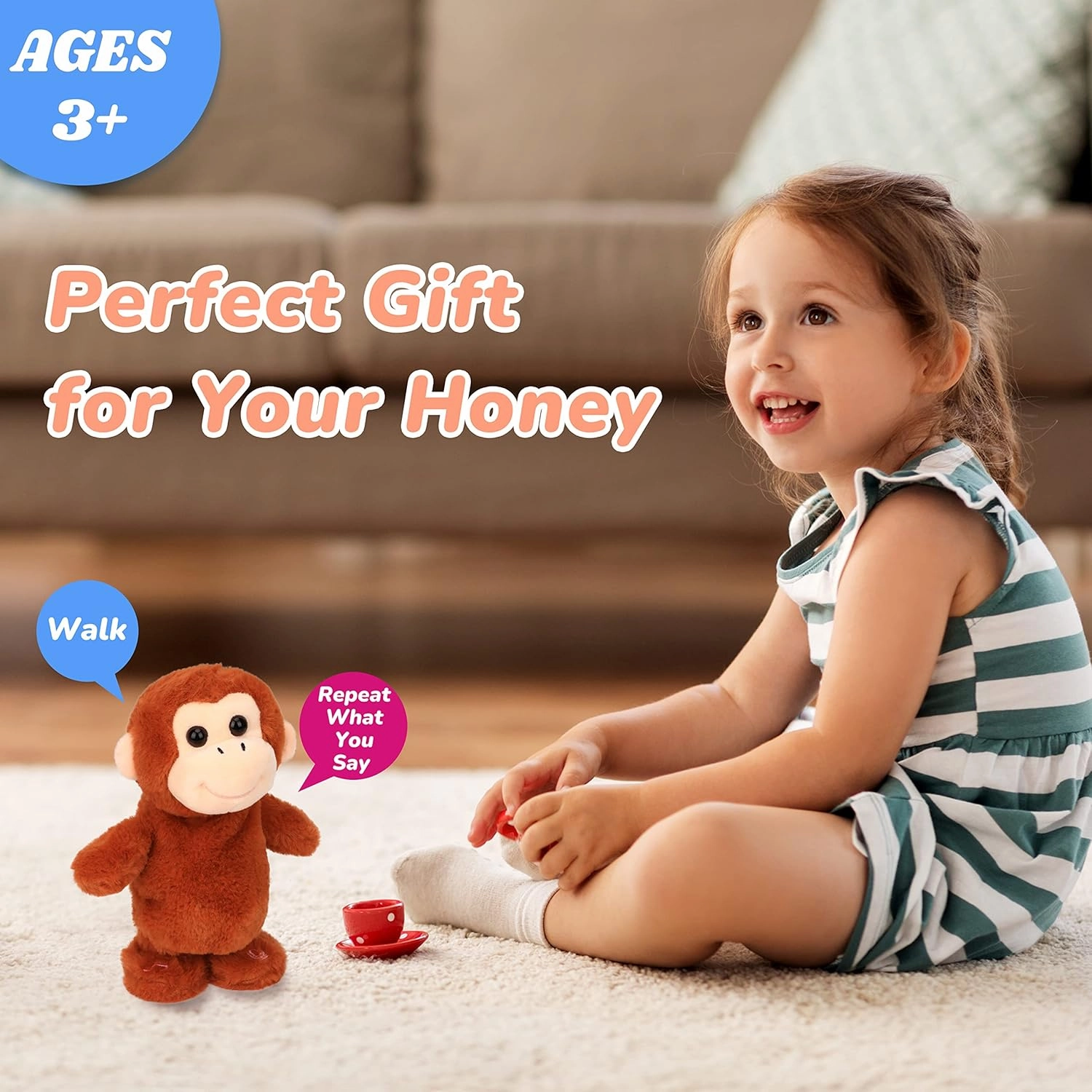 Hopearl Talking Singing Monkey Repeats What You Say Walking Electric Interactive Animated Toy Speaking Plush Buddy Gifts for Toddlers, Brown, 8.5''