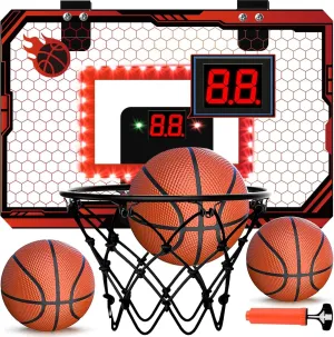 HopeRock LED Basketball Hoop for Kids Indoor - Over The Door Mini Hoop with Automatic Scoreboard & Glow Lights - Upgraded Anti-Impact Backboard, 2 Balls - Sports Toys Gift for Boys Girls Ages 5-12